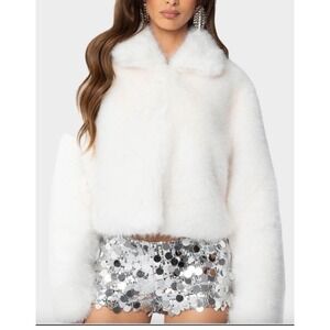 Edikted White Faux Fur Cropped Jacket Size Small